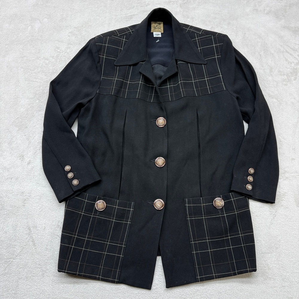 Vintage 80s Zelda Blazer Womens Large Petite Black Grid Plaid Gold Button Jacket